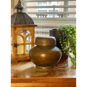Ornate Brass Indian Holy Water Pot with Peacock Design & Bowl Lid